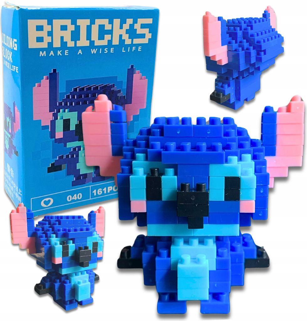 A product shot of a building block toy set featuring Stitch from Lilo & Stitch, with the product box and several assembled models.