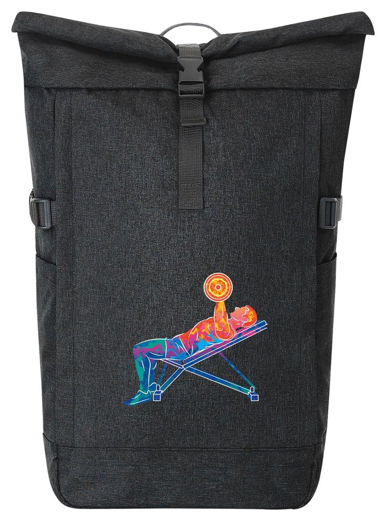 Huuraa Kurierrucksack Fitness Training Bench Press bunte Silhouette 30-44 Liter Black Melange Fairtrade Rolltop Rucksack Geschenkidee