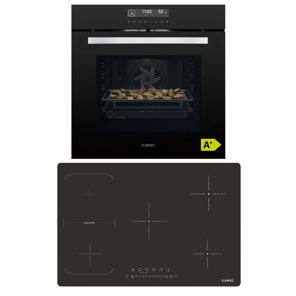KB ELEMENTS Sparset, Einbauherd Set, Herdset, Induktionskochfeld 5 Kochzonen 77cm, Einbaubackofen 60cm, 15 x Funktionen, Air Fry Funktion, DV2/105