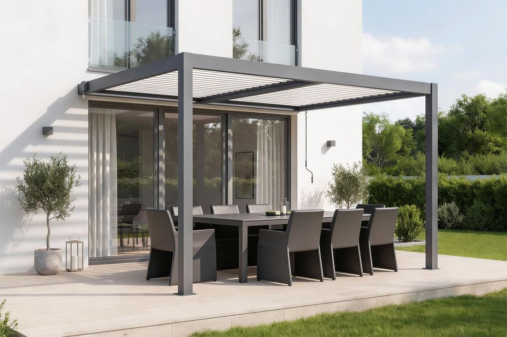 AGOSTA 4x3 Bioklima-Pergola, an der Wand befestigt, 250 cm hoch - Graues Aluminium mit weißen Lamellen