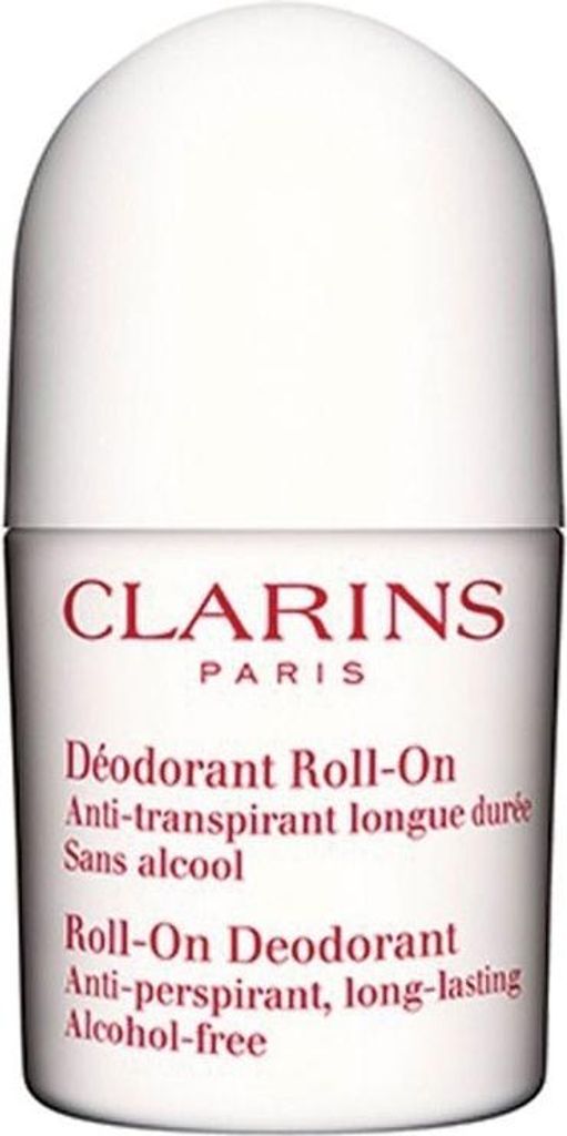 A white roll-on deodorant bottle with red text.