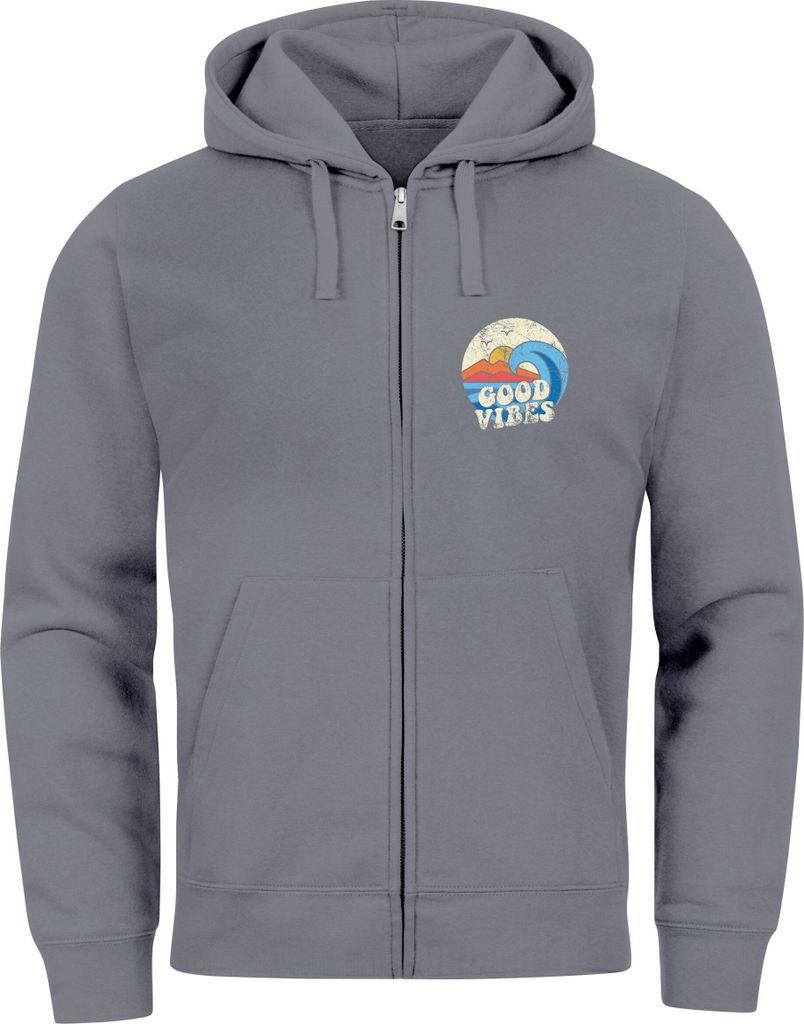 Herren Zip Hoodie Sweatjacke mit Kapuze Logo-Print Good Vibes Aufdruck Welle Retro Motiv Männer Fashion Streetstyle Neverless convoy grey XL