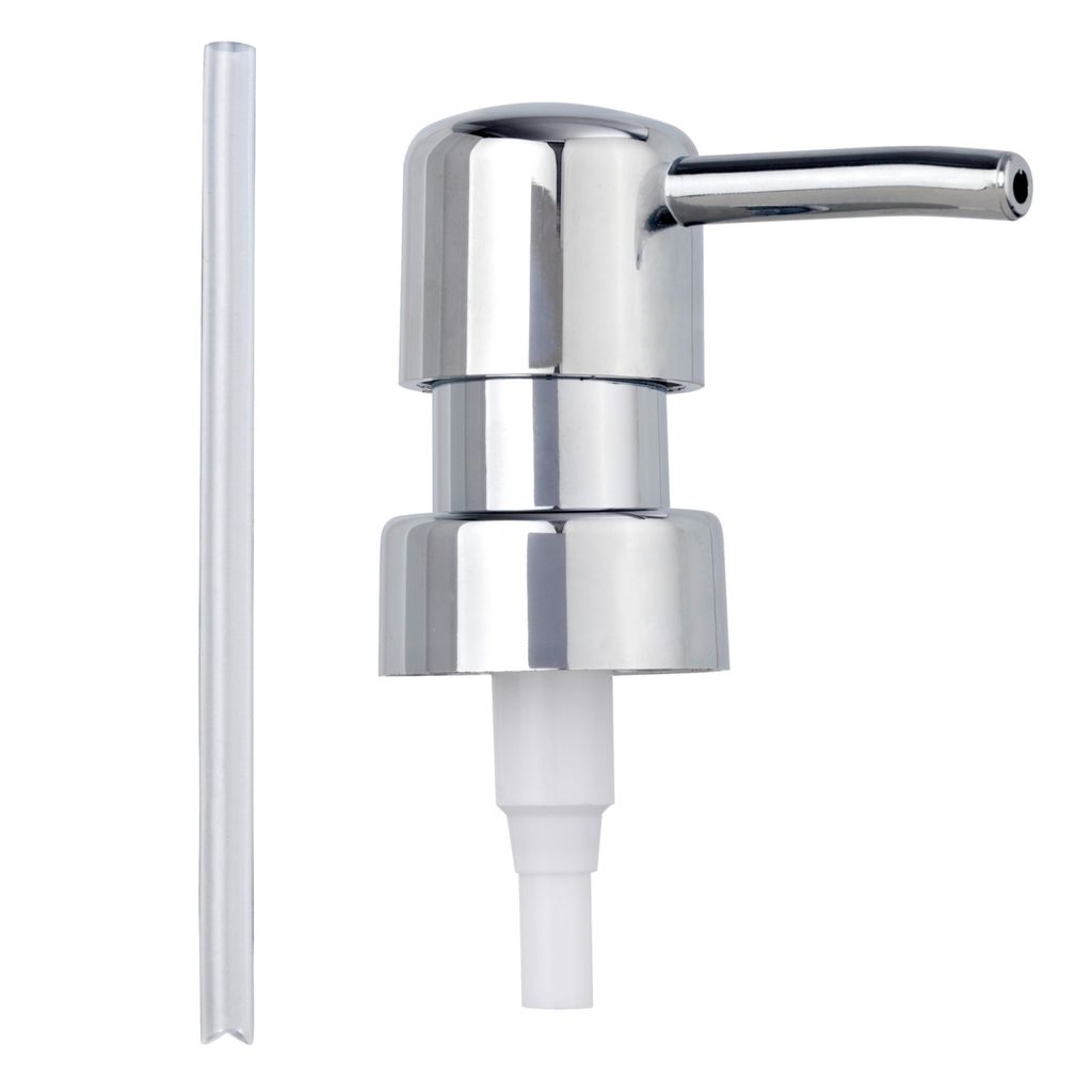 A chrome pump head for a soap dispenser and a clear plastic tube are shown against a white background.