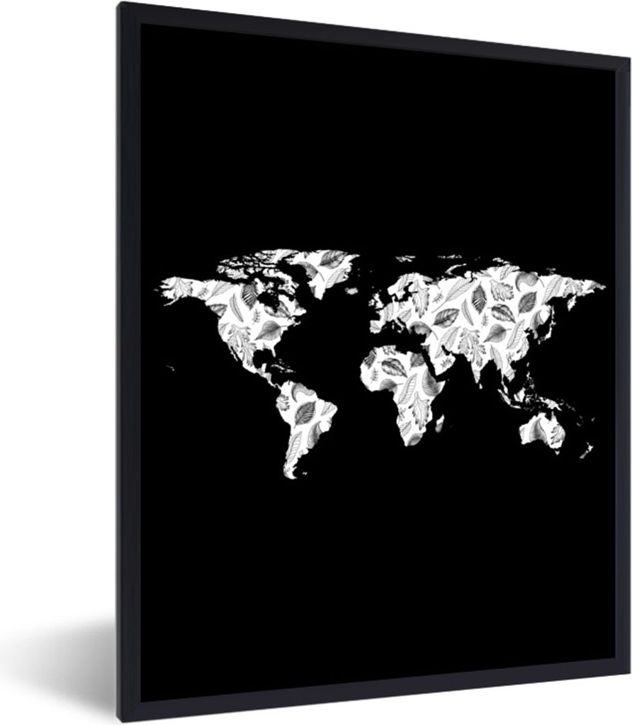 MuchoWow Gerahmtes Poster Weltkarte - Pflanzen - Schwarz 60x80 cm - Poster mit Schwarzem Bilderrahmen Wandposter Rahmen Foto Bilder - Premium - W...