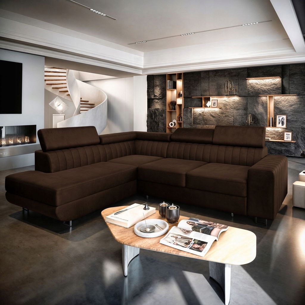 A modern living room scene featuring a large sectional sofa, a spiral staircase, and a fireplace.