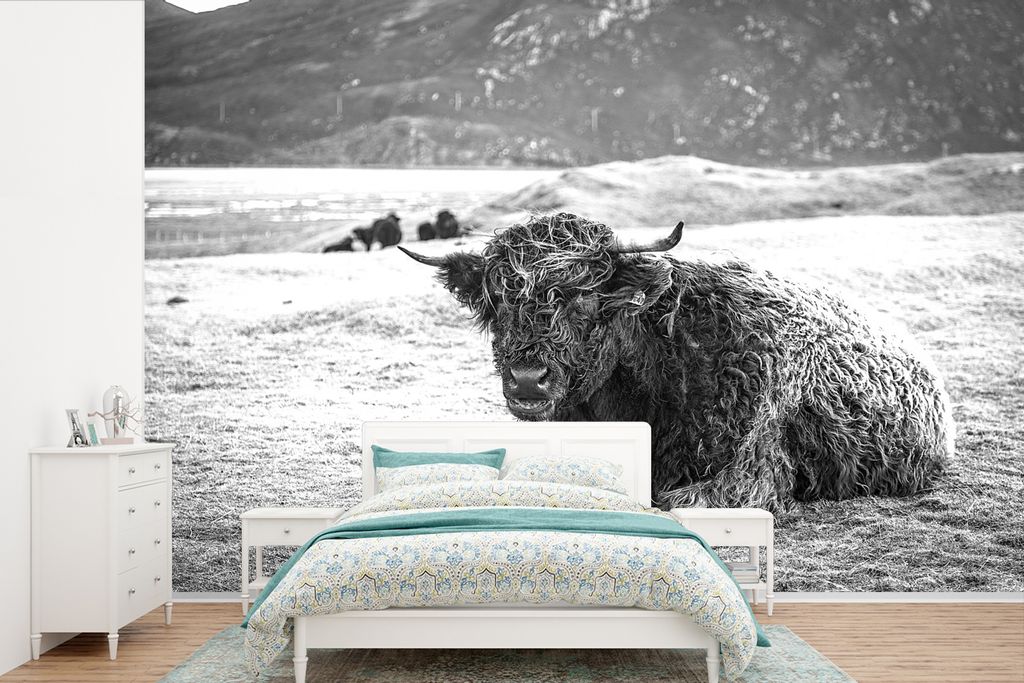 MuchoWow Fototapete für Wohnzimmer oder Schlafzimmer Wandtapete Vinyl Motivtapete Schottischer Highlander - Berg - Tiere - 450x300 cm - Gemusterte