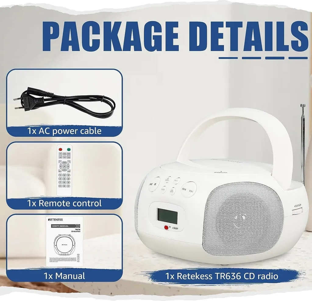 Retekess TR636 Radio CD avec Télécommande et Bluetooth - Blanc Compact