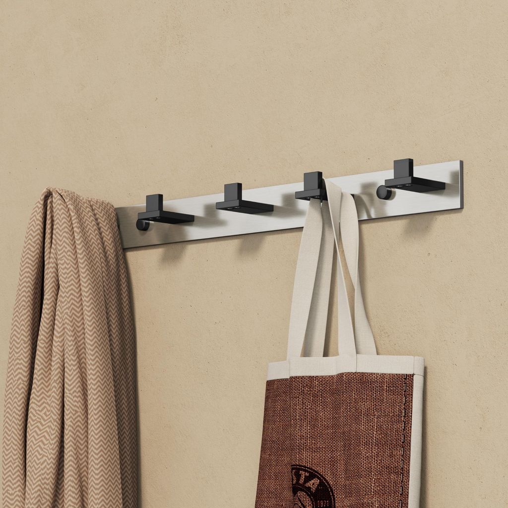 doporro Garderobenhaken Edelstahl, Kleiderhaken Wand mit 5 Haken, selbstklebend & ohne Bohren Matt schwarz/Nickel gebürstet für Jacken, Handtüch...