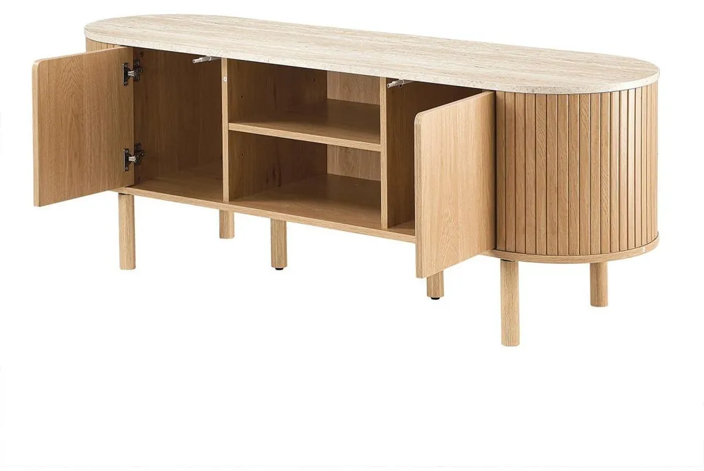 Meuble TV Salon 140 cm HELIOS Plateau Travertin Rangement Multimédia