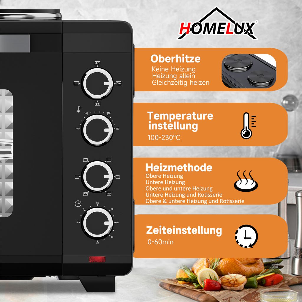 HOMELUX Minibackofen mit Kochplatten und HäHnchengrill, 48L Produktbild 2