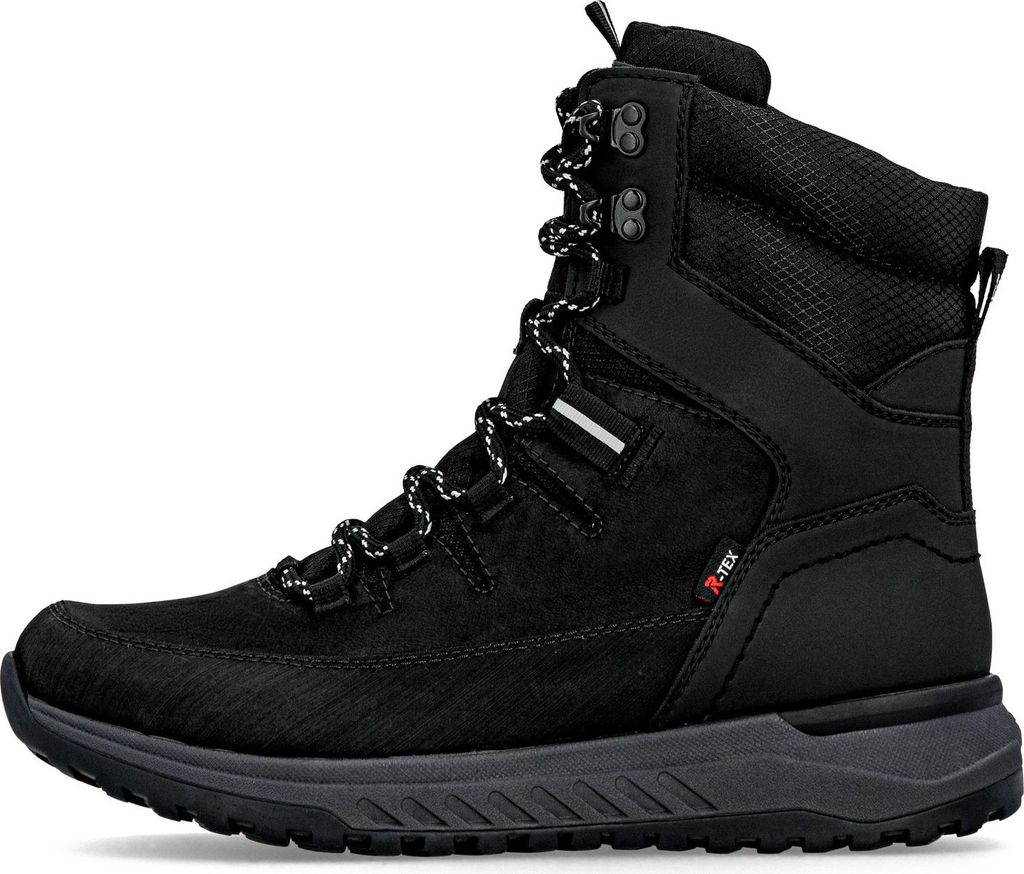 A black men's boot is shown against a white background.
