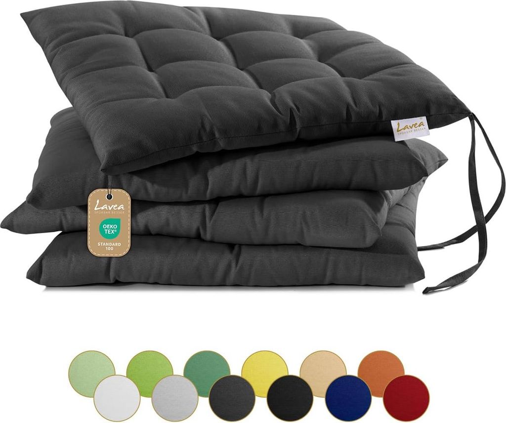Lavea Sitzkissen 40x40 cm, 4er Set, Anthrazit - mit Stoffbändern, Outdoor & Indoor, waschbare Stuhlkissen für Garten, Balkon, Terrasse & Esszimmer