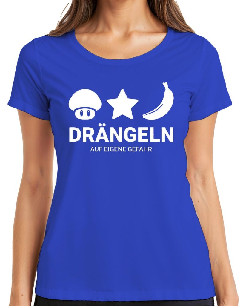 Drängeln auf eigene Gefahr Gamer Pilz Stern Banane Geschenk Damen T-Shirt, Blau, XXL