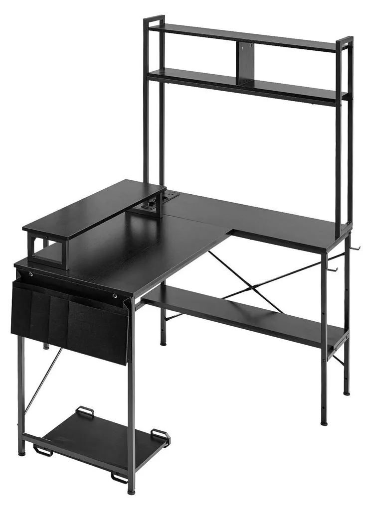 Bureau gaming en L 1,2m avec LED et prises, bureau d'angle réversible noir