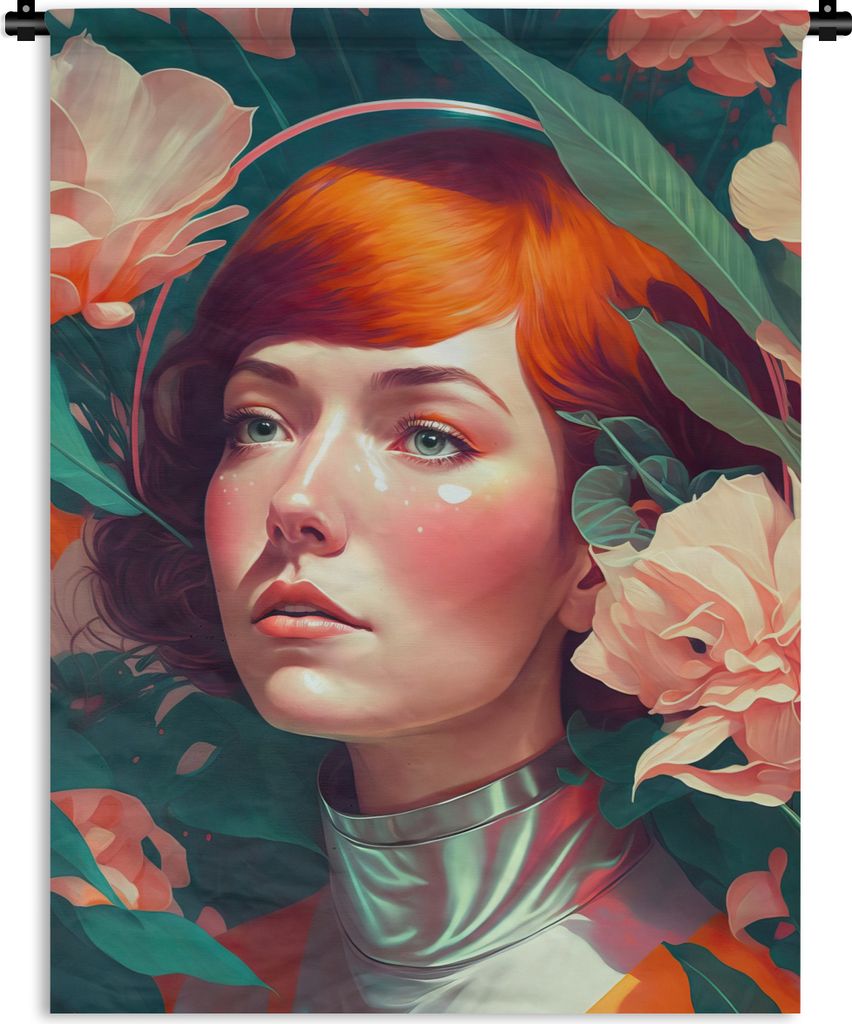 MuchoWow Wandteppich Wandbehang Porträt - Frau - Blumen - Rosa - Botanisch 150x200 cm Tapisserie Dekoration Wandtuch - Wandaufhängung - Moderner