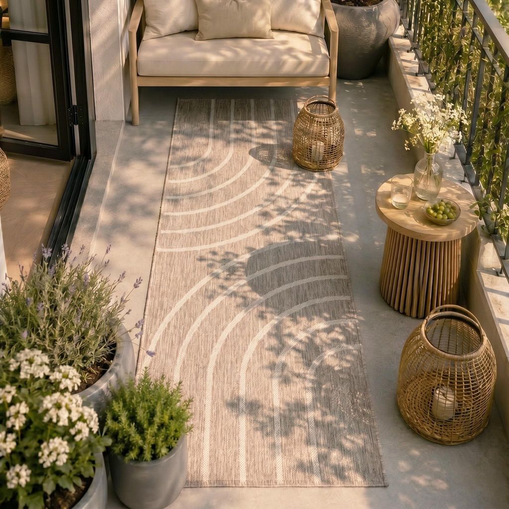 Volero - Balkonteppich - Sierra Curves Beige Creme - 80x200 cm - Balkon, Garten / Terrasse, Flur - Boho, Modern, Skandinavisch