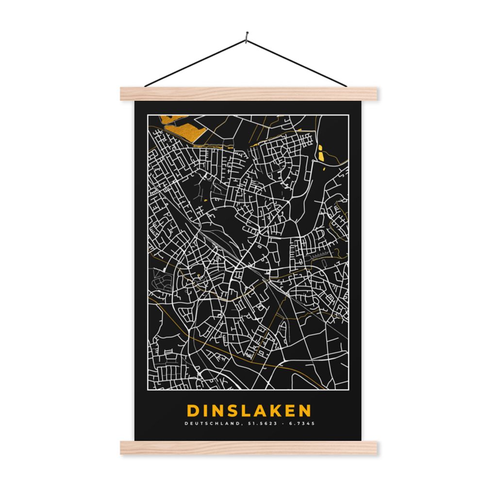 MuchoWow Textilposter Deutschland - Schwarz und Gold - Dinslaken - Stadtplan - Karte 120x180 cm mit holzfarbenen Rahmen - Textil-Plakat