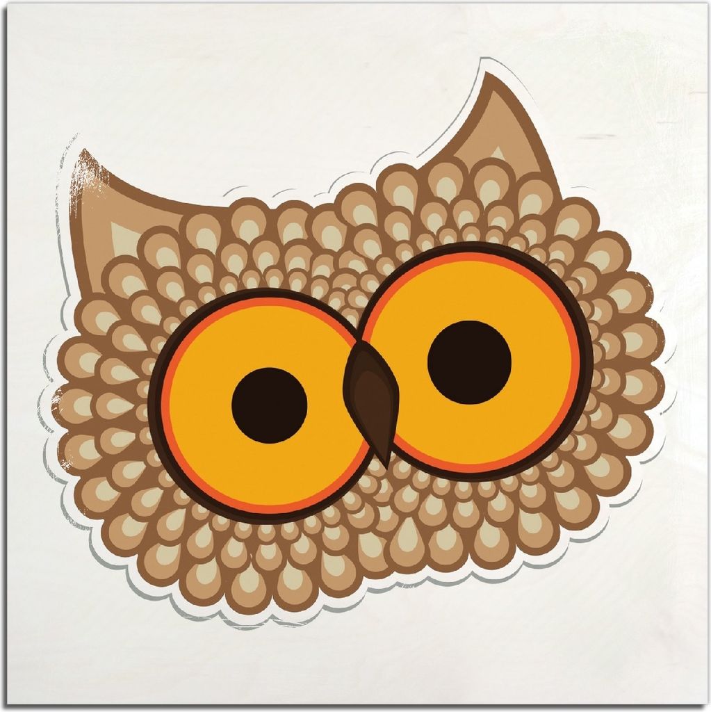 Kunstdrucke Wandbilder Holz in : Brillante Farben, Größe 50 x 50 cm Motiv Lustige Comic Eule mit großen Augen