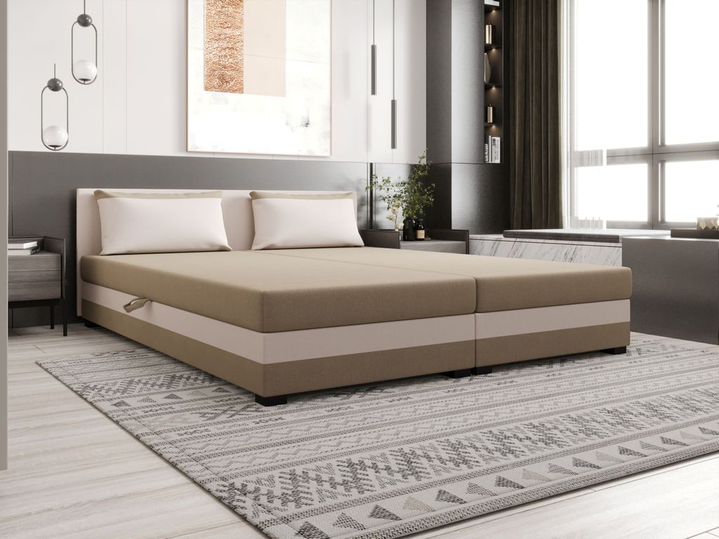 Doppelbett im kontinentalen Stil, 140 x 200 cm, Modell ROSIE 13 – hellbraun/ecru