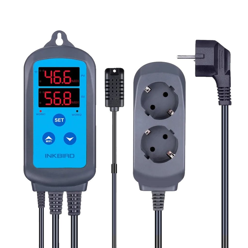 A product shot of a digital temperature and humidity controller with a sensor and a power strip.