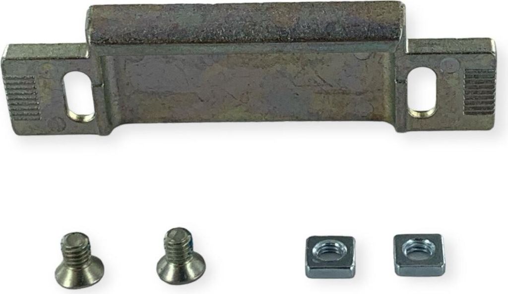 A metal bracket and hardware are laid out on a white background.