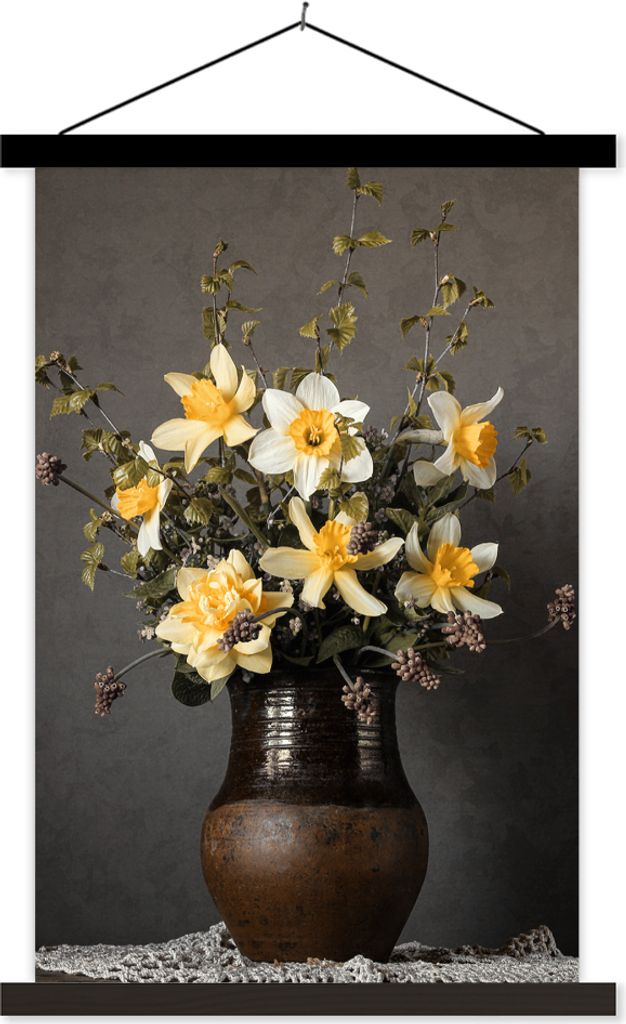 MuchoWow Textilposter Stilleben - Narzisse - Vase 60x90 cm mit schwarzem Rahmen - Poster Wohnzimmer