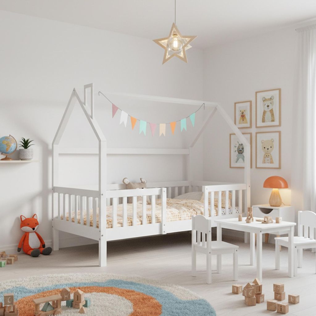 A child's bedroom with a white house-shaped bed, a small table and chairs, and decorative items.