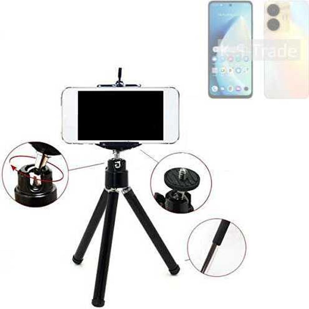 K-S-Trade Smartphone Stativ Dreibein kompatibel mit Realme C55 Tripod aus Aluminium Klemmstativ Stativ Adapter für Mobiltelefone schwarz 1x