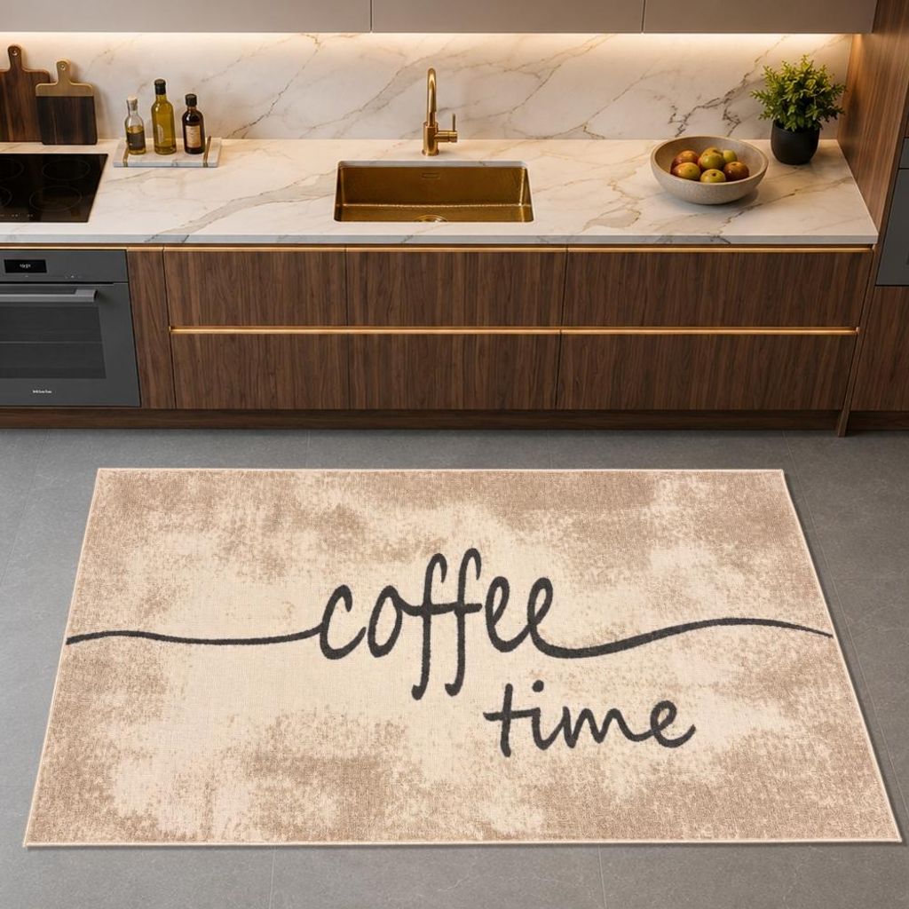 Grafischer Küchenteppich Beige mit Coffee-Time-Typografie Produktbild 