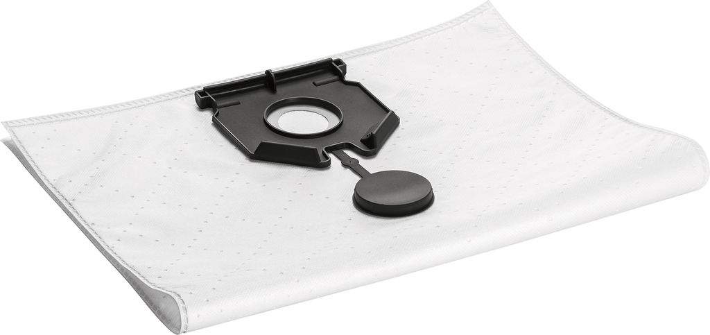A white vacuum cleaner bag with a black plastic attachment.