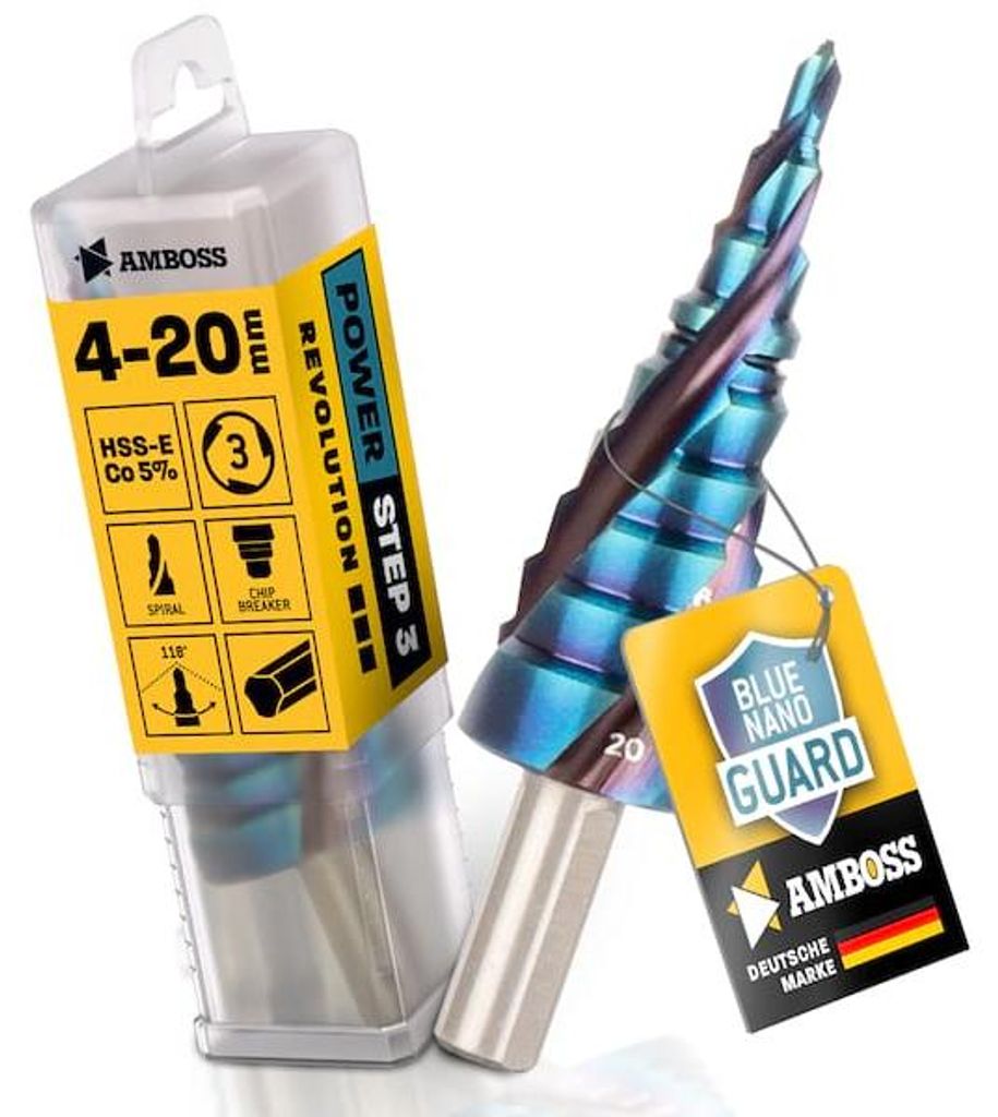AMBOSS Stufenbohrer HSS-E Co 5% D:4-6-8-10-12-14-16-18-20mm TiAlSiN nano blue coating