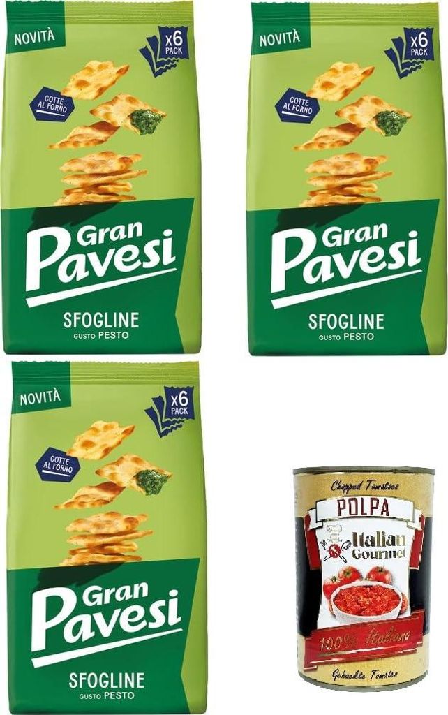 Gran Pavesi Sfogline Snack croccante di pasta sfoglia al gusto di Pesto Knuspriger Blätterteig-Snack mit Pesto-Geschmack, gebacken 3x180gr+Polpa 400g