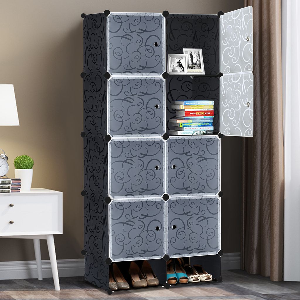 Produktbild von YUENFONG Würfelregal-Set 8 Fächer Aus PP – Modulares Stecksystem Mit Türen, Tragbar, Für Kleidung, Schuhe, Bücher & Spielzeug, Schwarz