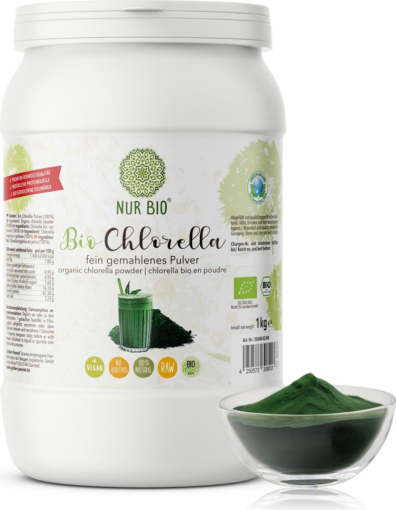 NurBio® Chlorella Pulver 1 kg, grünes Superfood, pflanzliches Protein, nährstoffreich