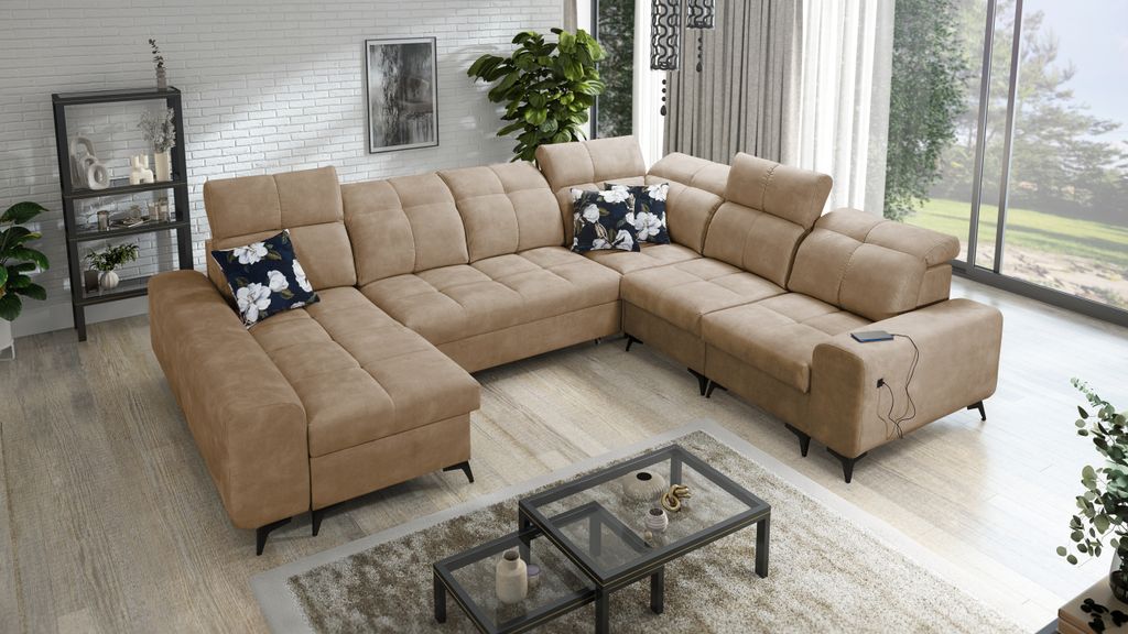 U-förmiges Sofa Wohnlandschaft Couch U-Form GOLD VIII Farbe Beige Stoff WAVE 4 Ottomane Links IM Sofa