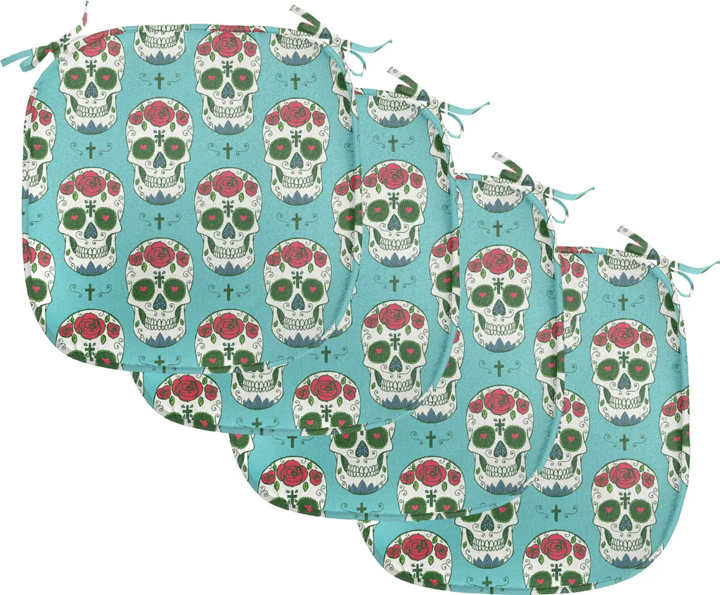 Galette de chaise anti-tache 40x40 cm lot de 4, motif crâne et fleurs