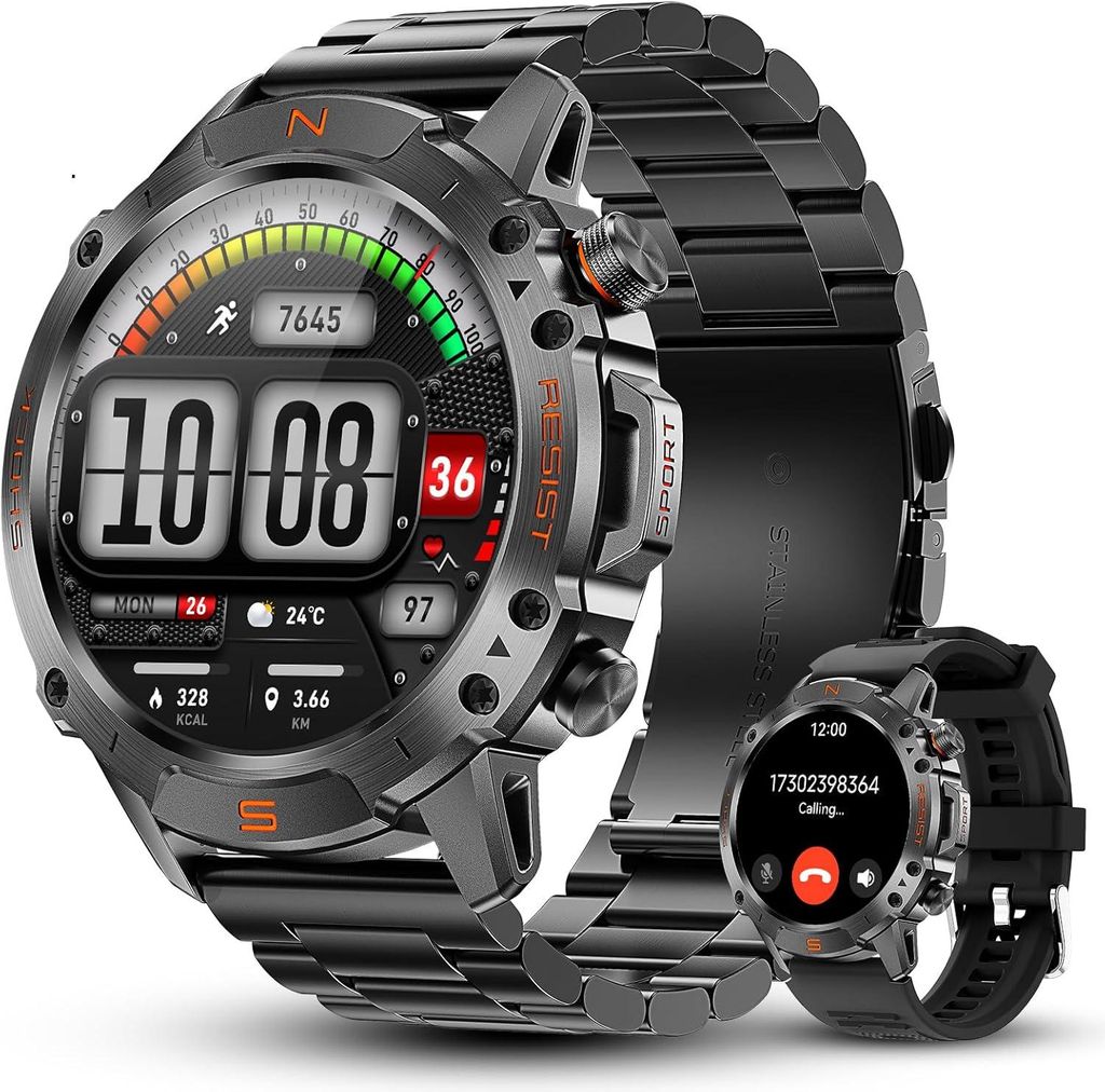 WalkerFit Militär Smartwatch Herren 1.43'' AMOLED, 60 Tage Akku, 170+ Sportmodi, Bluetooth Anrufe, 3ATM wasserdicht, Kompass