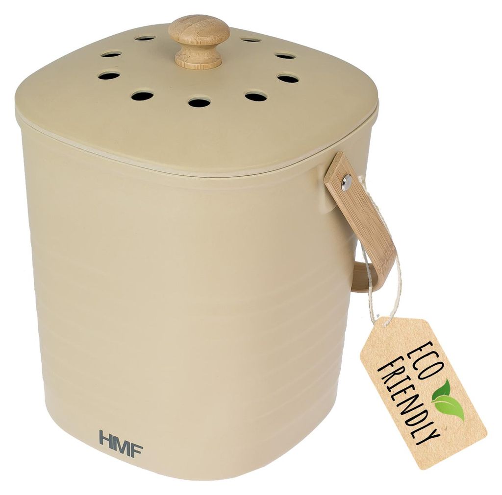 A beige compost bin with a wooden lid and handle, with an 'Eco Friendly' tag attached.