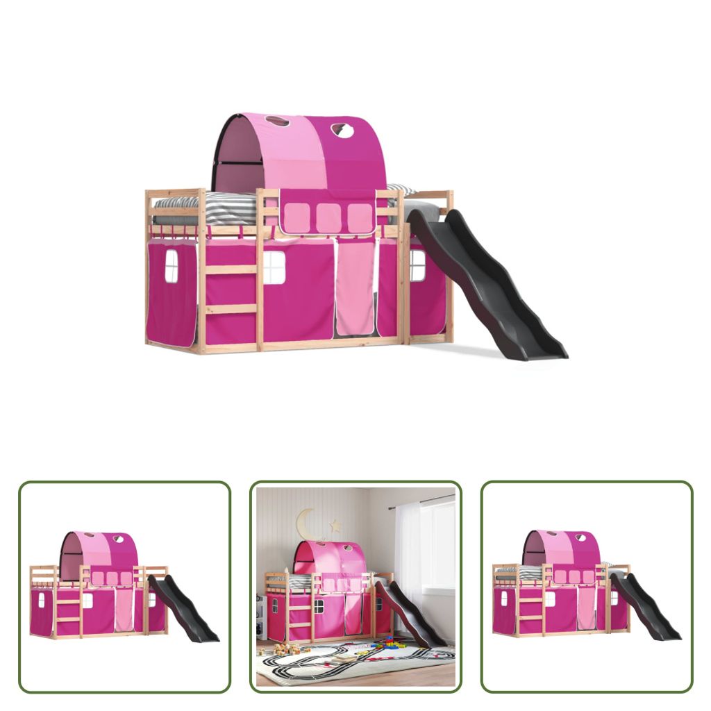 The Living Store Etagenbett mit Rutsche und Gardinen Rosa 90x190 cm