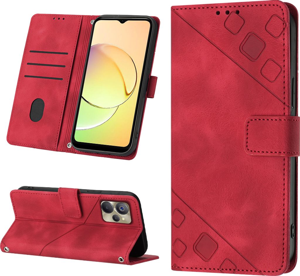 Hülle für Realme 10 Prägung Flip Leder Brieftasche Schutzhülle mit Ständer Rot