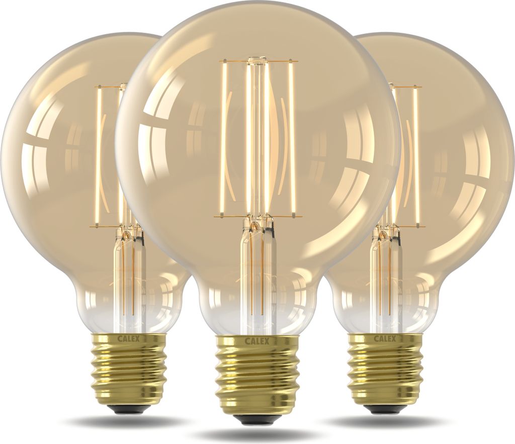 Calex LED Lampe E27, G95, Filament, Vintage Gold, 2100K Warmweiß Licht, dimmbar, 3er Pack