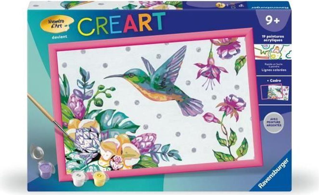 Malen nach Zahlen Set CreArt Kids Kolibri und Exotische Blumen, 31x21cm, Ab 7 Jahren, Inklusive Rahmen, Pinsel und Farben
