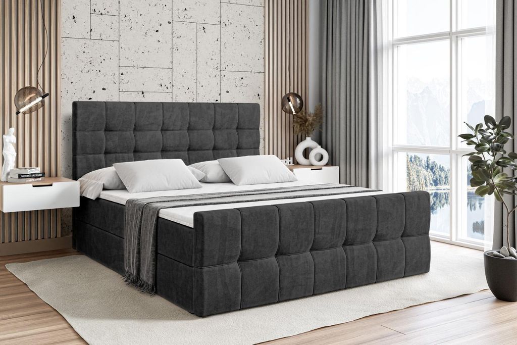 ALTDECOR Boxspringbett mit Matratze und Lattenrost - - BERO -Z - 160x200 cm - Schwarz Samt - Boxbett, Fußteil, Topper, Polsterbett mit Bettkasten,...