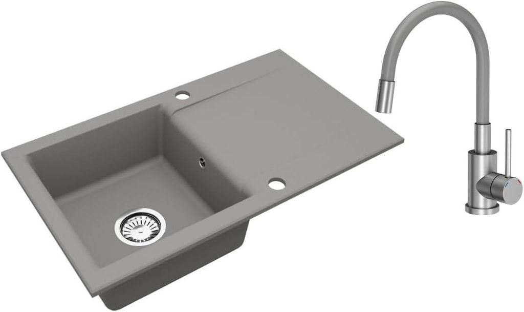 VBChome Granitspüle 76 x 44 cm Grau mit flexibler Armatur Einzelbecken Einbauspüle Reversibel Gesprenkelt Pflegeleichtes Spülbecken mit Siphon