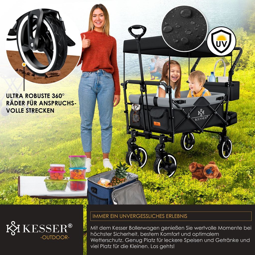 A family is enjoying an outdoor outing with a KESSER® Bollerwagen.