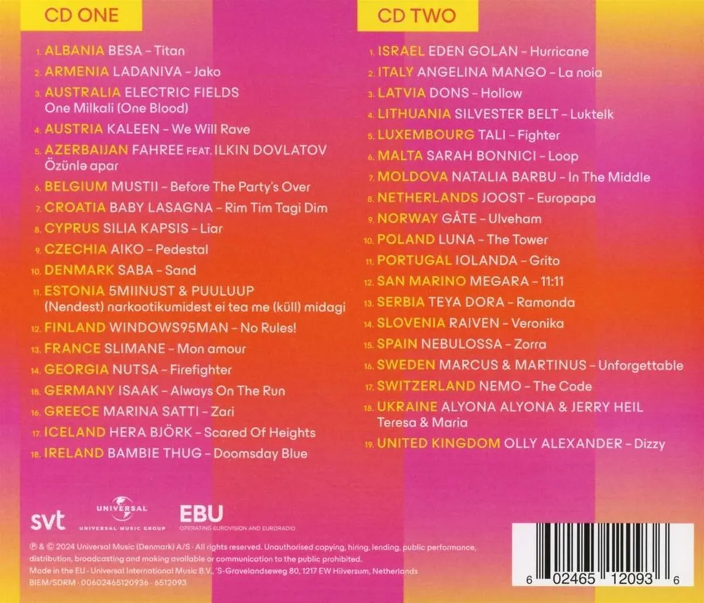 Double CD Compilation Eurovision 2024 - Toutes les Chansons de Malmö