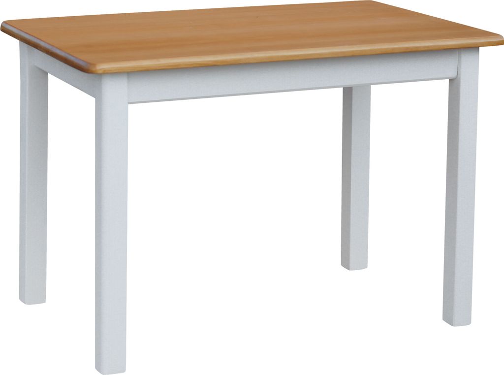 A rectangular dining table with a wooden top and white legs, shown isolated on a white background.