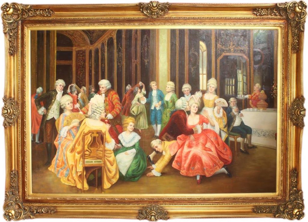 Riesiges Handgemaltes Barock Öl Gemälde Unterhaltungsabend Gold Prunk Rahmen 225 x 165 x 10 cm - Massives Material