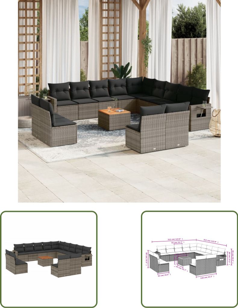 The Living Store 14-tlg. Garten-Sofagarnitur mit Kissen Grau Poly Rattan