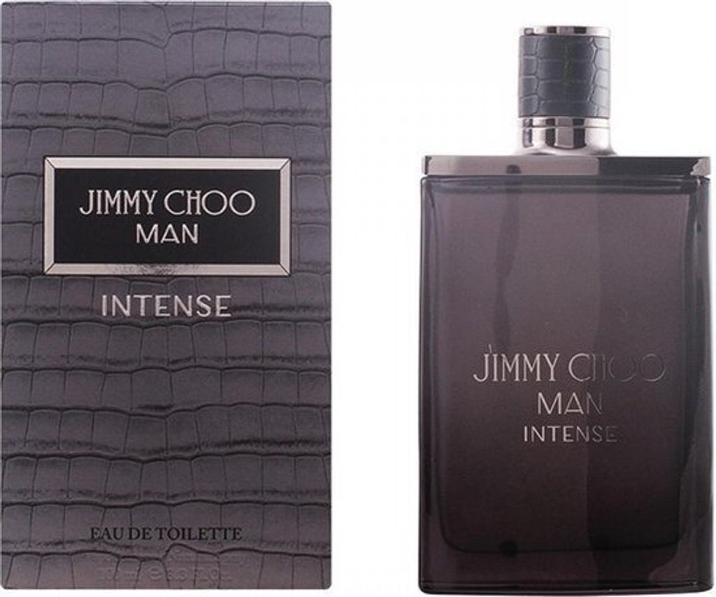 A product shot of Jimmy Choo Man Intense Eau de Toilette for men, showing both the box and the bottle.